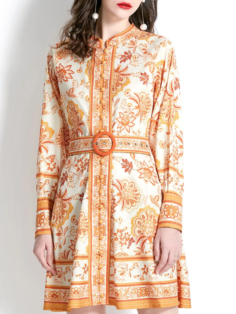 Yellow Stand Collar Floral Print Long Sleeve Boho Dress Mini Dress With Button