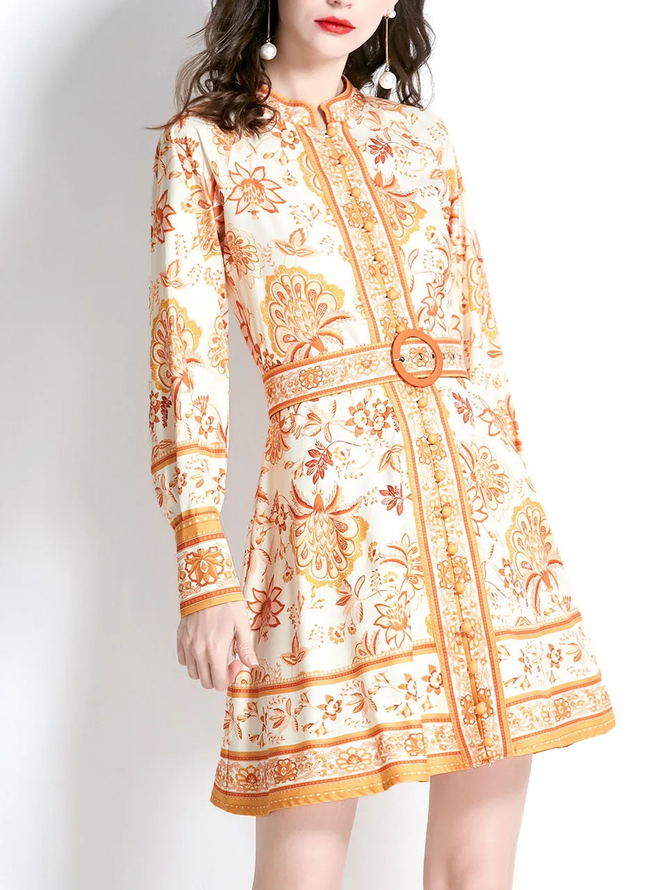Yellow Stand Collar Floral Print Long Sleeve Boho Dress Mini Dress With Button