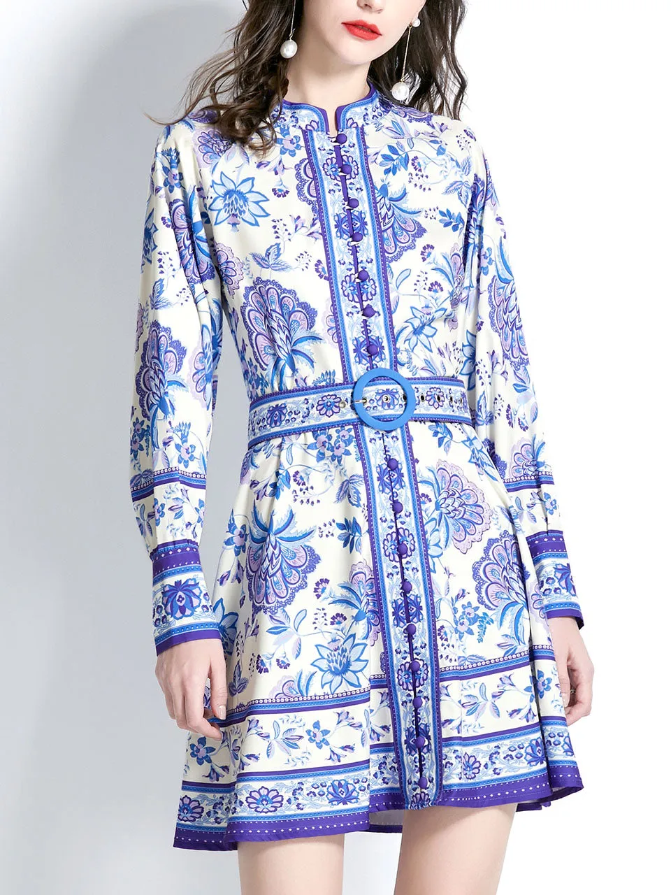 Yellow Stand Collar Floral Print Long Sleeve Boho Dress Mini Dress With Button