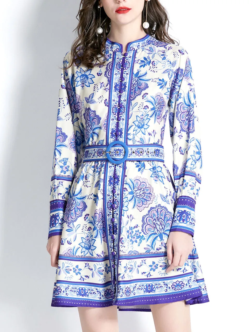 Yellow Stand Collar Floral Print Long Sleeve Boho Dress Mini Dress With Button
