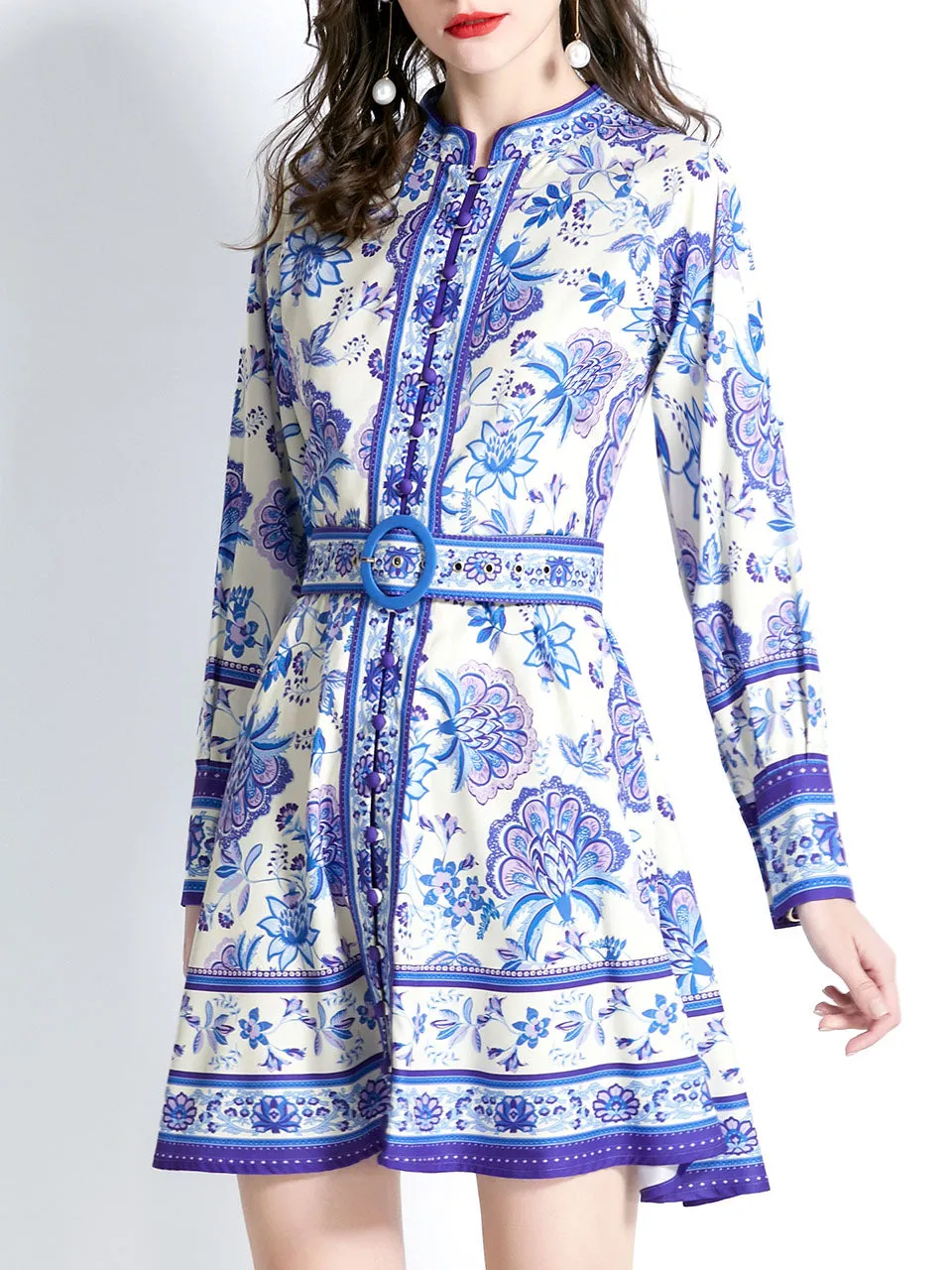 Yellow Stand Collar Floral Print Long Sleeve Boho Dress Mini Dress With Button