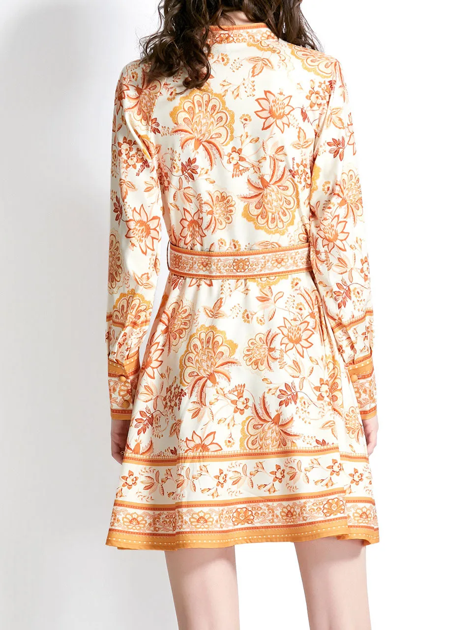 Yellow Stand Collar Floral Print Long Sleeve Boho Dress Mini Dress With Button