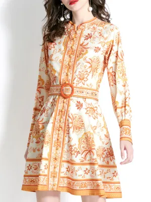 Yellow Stand Collar Floral Print Long Sleeve Boho Dress Mini Dress With Button
