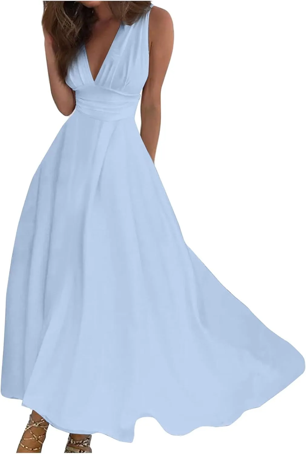 Yesunpxs Women's 2024 Floral Printed Maxi Dress - Sleeveless, V-Neck, Wrap, Midi, All Seasons, Size M, Summery Floral