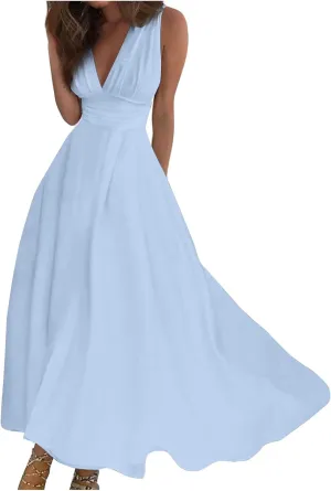 Yesunpxs Women's 2024 Floral Printed Maxi Dress - Sleeveless, V-Neck, Wrap, Midi, All Seasons, Size M, Summery Floral