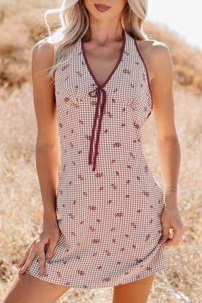 You Again Floral Gingham Halter Mini Dress (Burgundy) Tailored Layers