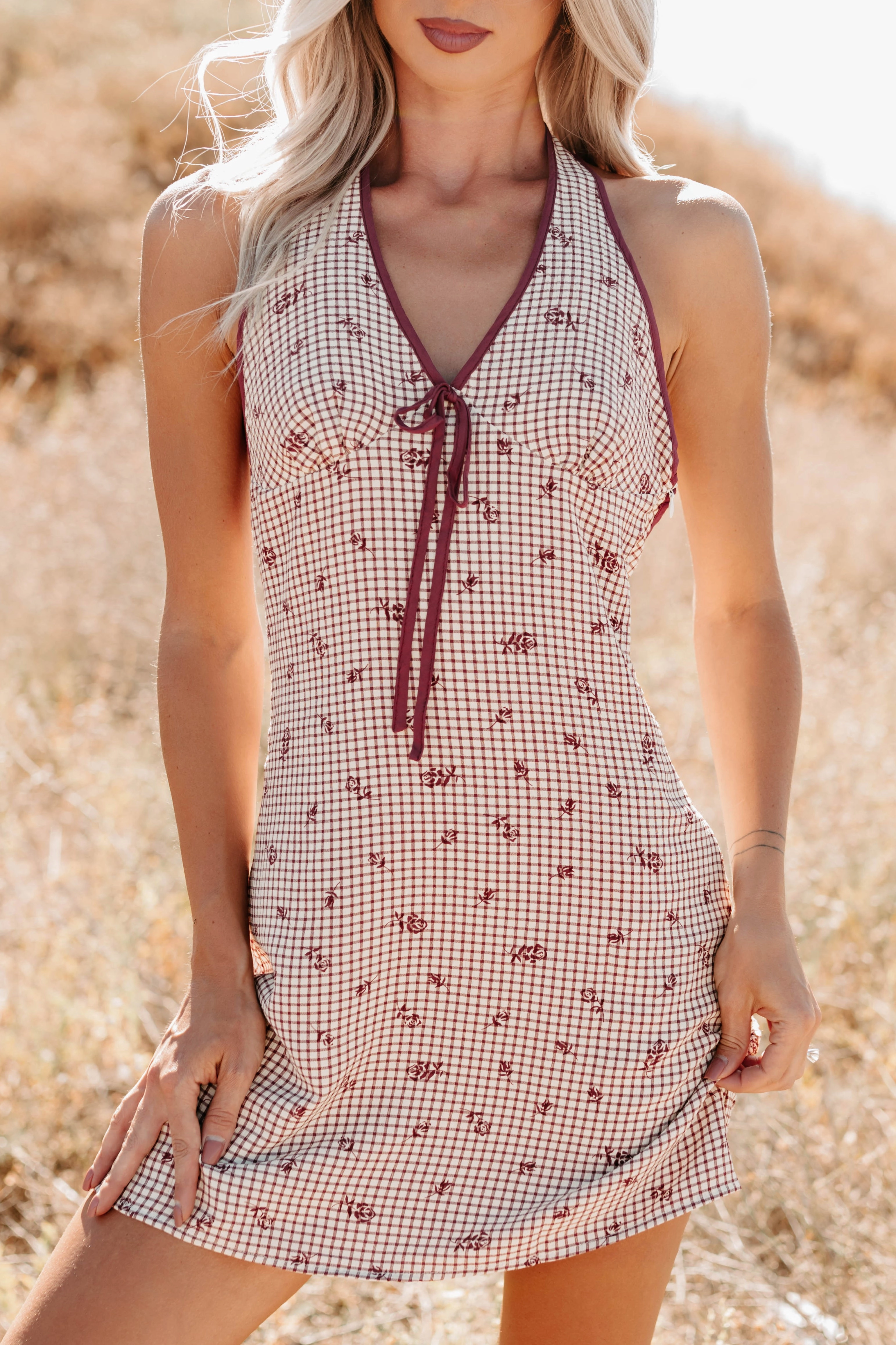 You Again Floral Gingham Halter Mini Dress (Burgundy) Tailored Layers