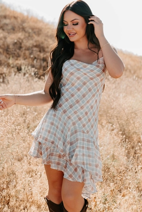 Queening Out Plaid Asymmetrical Mini Dress (Taupe/Grey) Smooth Edge Pure Look
