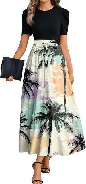 ZEFOTIM Long Dresses for Women Cocktail Floral Dress Short Sleeve Crew Neck Dresses with Belt