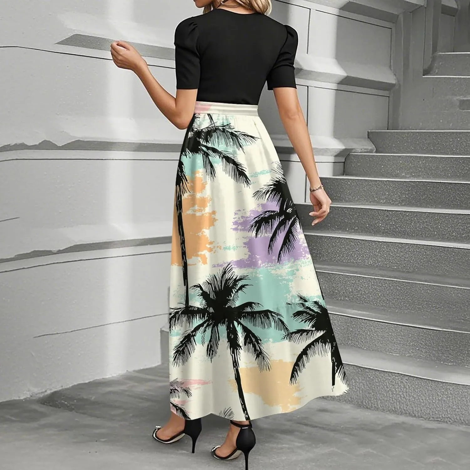 ZEFOTIM Long Dresses for Women Cocktail Floral Dress Short Sleeve Crew Neck Dresses with Belt