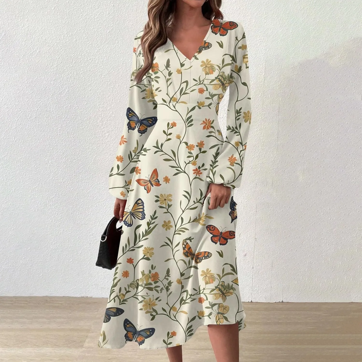 ZEFOTIM Long Sleeve Dress for Women Comfy V Neck Cute Floral Dresses Spring Summer Dresses