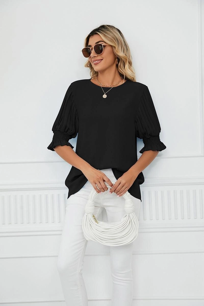 RUFFLED PUFF SHORT SLEEVE LOOSE CHIFFON BLOUSE AntiFade Treatment