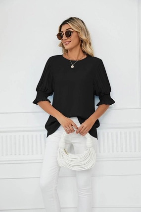 RUFFLED PUFF SHORT SLEEVE LOOSE CHIFFON BLOUSE NonScratchSurface