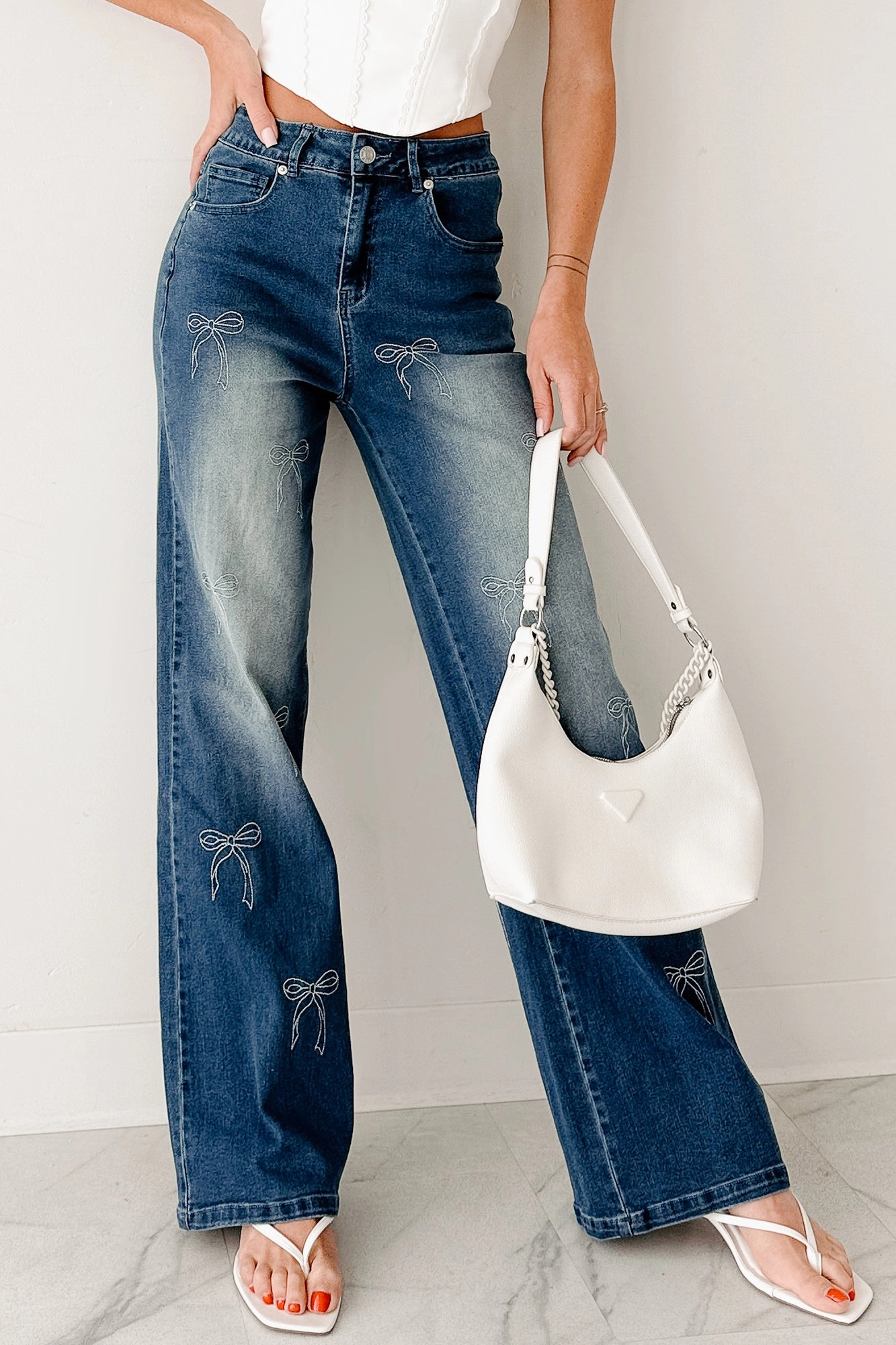 Soft & Sweet High Rise Straight Leg Bow Jeans (Med Wash) Easy Layering