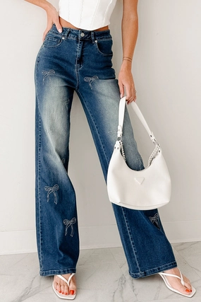 Modern Comfort Soft & Sweet High Rise Straight Leg Bow Jeans (Med Wash)