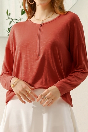 ZIP-UP R NECK LONG SLEEVE SLUB TUNIC TOP BrushedInnerSurface