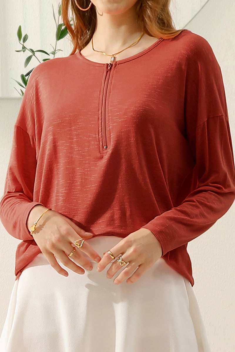 ZIP-UP R NECK LONG SLEEVE SLUB TUNIC TOP BrushedInnerSurface