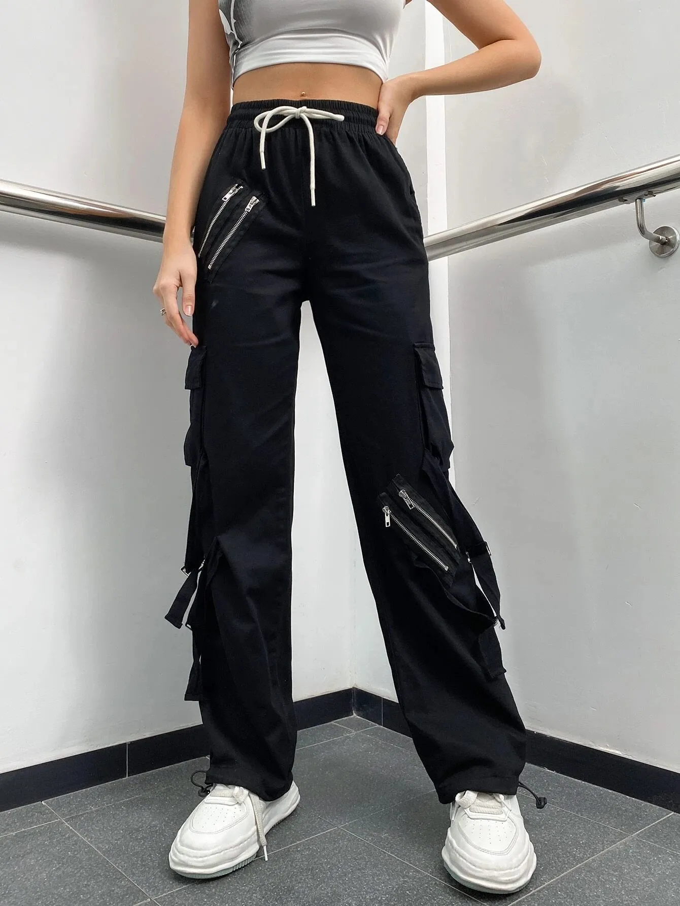 Zipper Detail Drawstring Cargo Pants