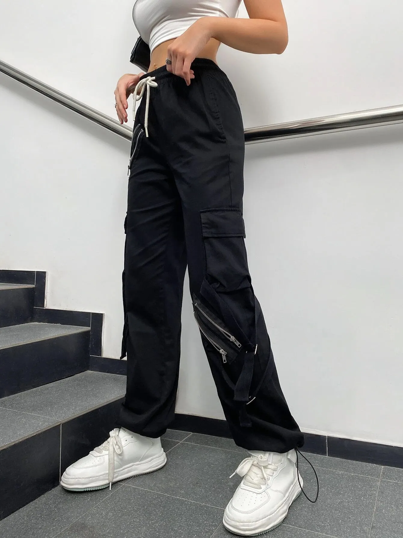 Zipper Detail Drawstring Cargo Pants