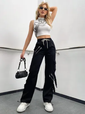 Zipper Detail Drawstring Cargo Pants