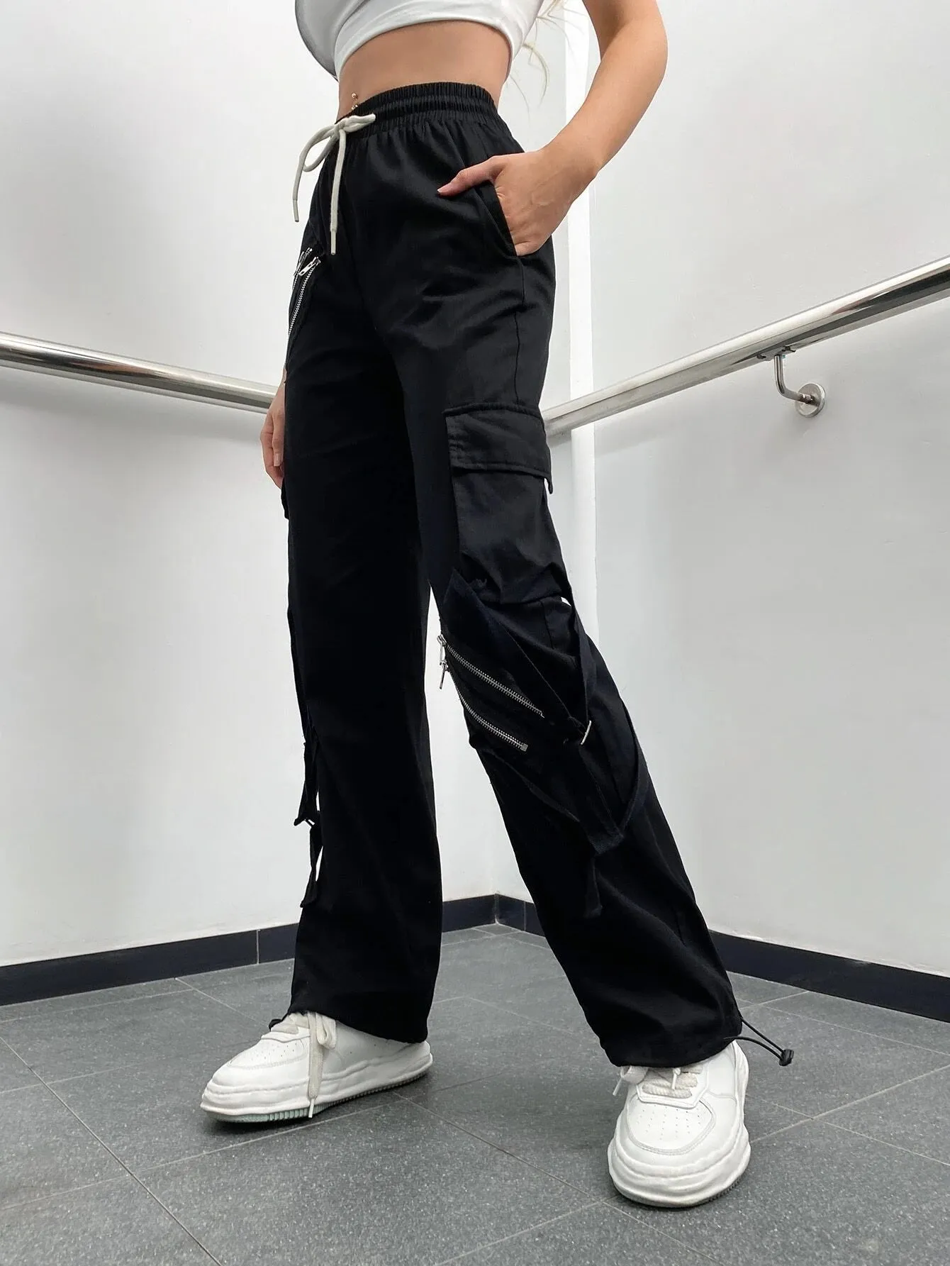 Zipper Detail Drawstring Cargo Pants