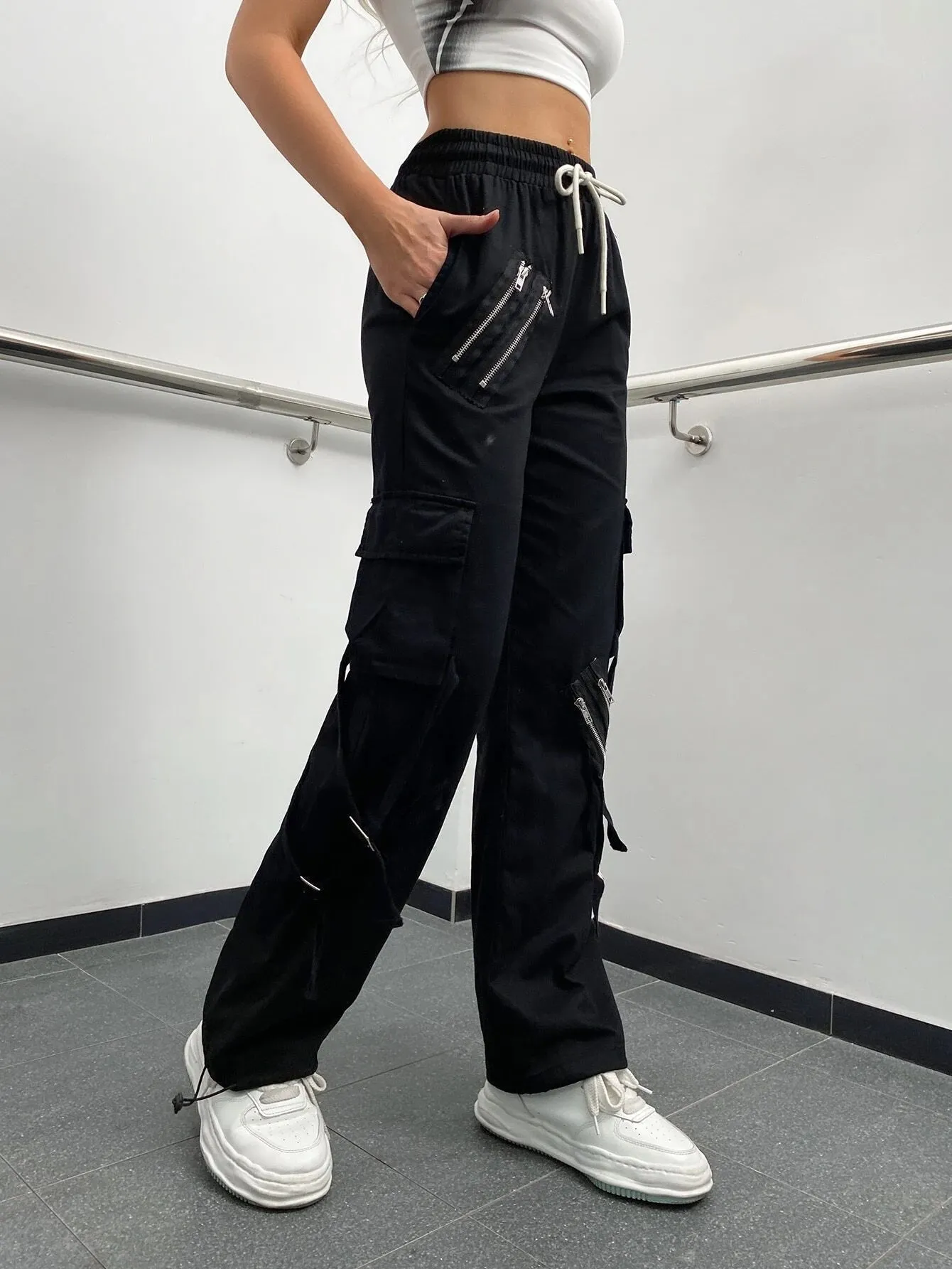 Zipper Detail Drawstring Cargo Pants