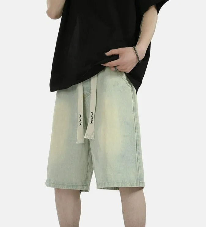 Zipper Detail Knee-Length Faded Denim Shorts