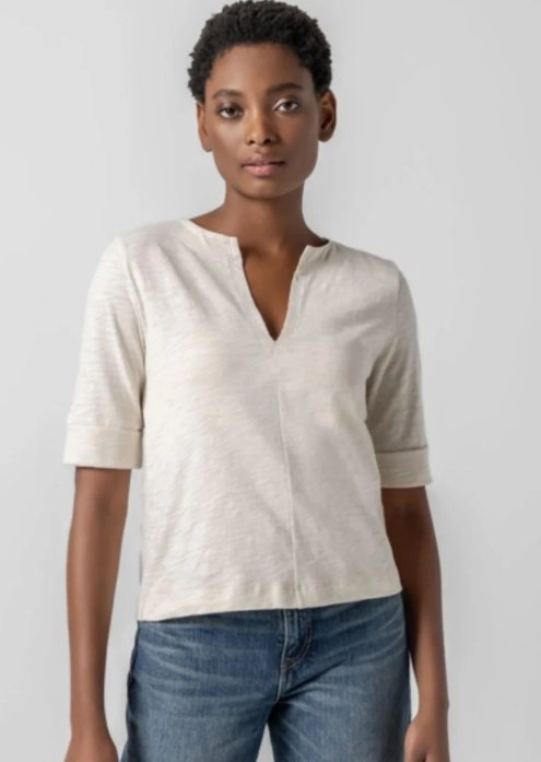 V-neck Blouse AntiMicrobialLining Cuffed Sleeve Split Neck Canvas