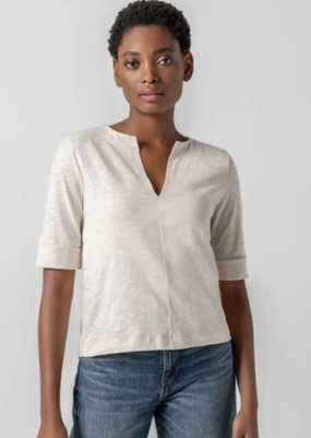 V-neck Blouse AntiMicrobialLining Cuffed Sleeve Split Neck Canvas