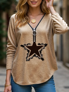 Flatlock Stitching Technique zippered v-neck long-sleeved pullover loose shirt
